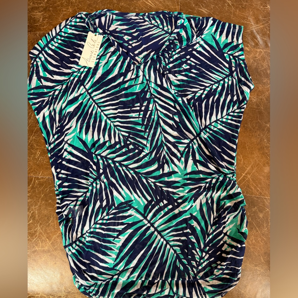 Anne Cole Navy, Teal & White Tropical Palm Swim Coverup